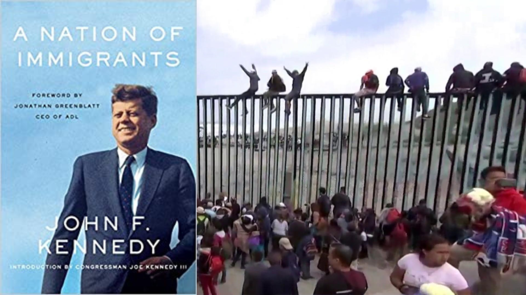 John F. Kennedy's Book cover and picture of immigrants climbing the border wall.